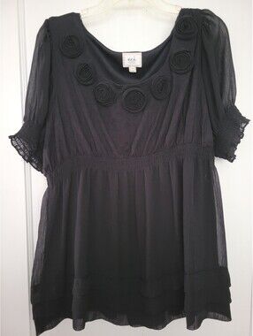 ECI New York Blouse 2X Black Sheer 3D Floral Y2K Top Women Plus Boho